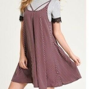 Hem & Thread Stripe Two Fer Gray Tee Knee Swing Shift Dress Medium